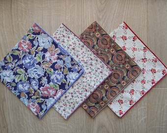 Ladies Japanese Tana Lawn / Fine Cotton Handkerchiefs - Set of 4 - 100% Cotton Pocket Square / Hankies / Eco-friendly / Waste Free