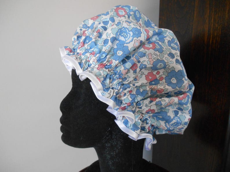 Liberty Fabric Shower Cap Waterproof Nylon Lining - Many Designs, Tresco, Lodden, Betsy, Strawberry Thief Betsy Blues