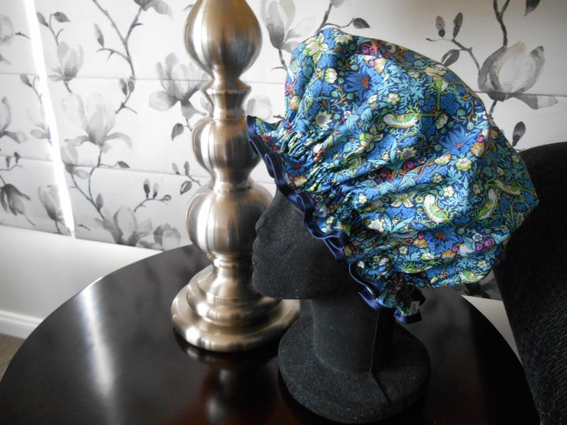 Liberty Fabric Shower Cap Waterproof Nylon Lining - Many Designs, Tresco, Lodden, Betsy, Strawberry Thief StrawberryThief Navy
