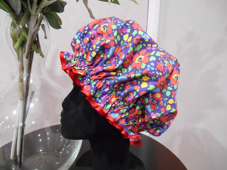 Liberty Fabric Shower Cap Waterproof Nylon Lining - Many Designs, Tresco, Lodden, Betsy, Strawberry Thief Betsy Navy/Red