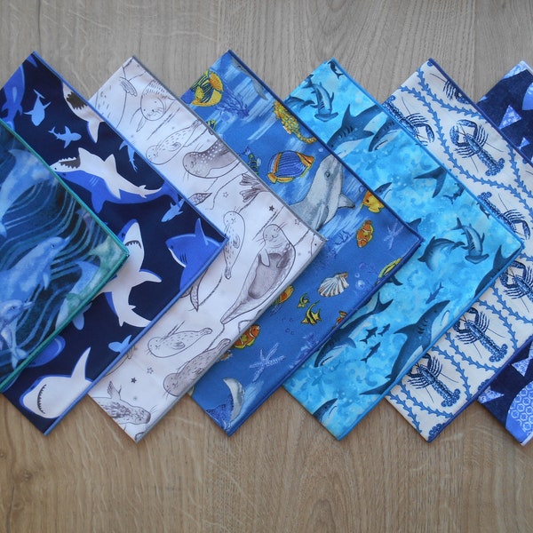 Handkerchief - Sharks - Fur Seals - Sea Life / 100% Cotton / Pocket Square, Hankies / Mens teens boys children / Eco-friendly / Waste Free