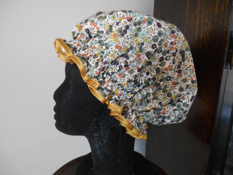 Liberty Fabric Shower Cap Waterproof Nylon Lining - Many Designs, Tresco, Lodden, Betsy, Strawberry Thief Wiltshire Olive