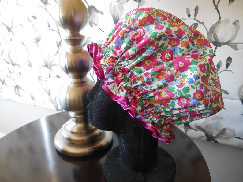 Liberty Fabric Shower Cap Waterproof Nylon Lining - Many Designs, Tresco, Lodden, Betsy, Strawberry Thief Betsy Deep Pink