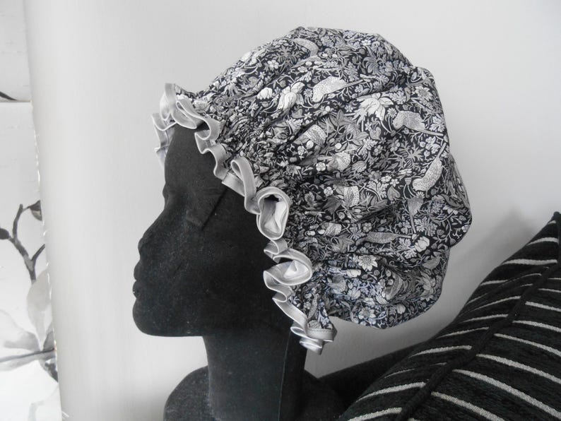 Liberty Fabric Shower Cap Waterproof Nylon Lining - Many Designs, Tresco, Lodden, Betsy, Strawberry Thief StrawberryThiefBlack