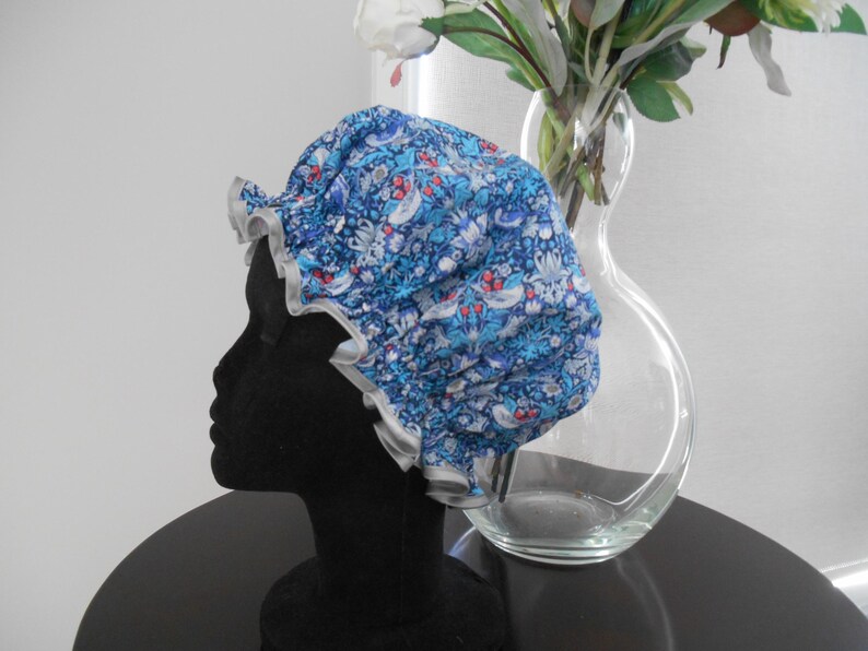 Liberty Fabric Shower Cap Waterproof Nylon Lining - Many Designs, Tresco, Lodden, Betsy, Strawberry Thief StrawberryThief Blue