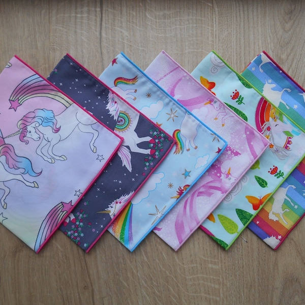 Girls Handkerchief - Unicorns & Rainbows - Child's Shower Cap / 100% Cotton Girls, Ladies Hankies, Pocket Square / Eco-friendly / Waste Free