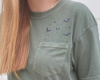 Batty Ghost Pocket Shirt, Comfort Colors Halloween Tee