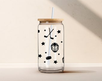 Glass Can Cup, Hockey Can Cup, Libbey Cup, Iced Coffee Cup, Bamboo Lid and Straw