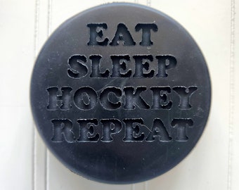 Eat Sleep Hockey Repeat, hockey pucks, coach gifts, hockey pucks, engraved hockey pucks, thank you gift, coaches gift, team player gift