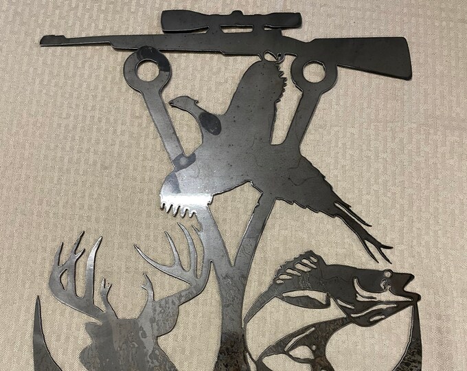 Industrial Rustic double fishing hook with buck walleye  pheasant and rifle . Cut from 14 gauge steel clear coated