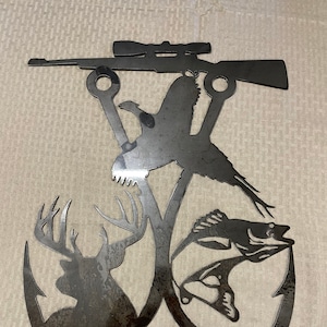 Industrial Rustic double fishing hook with buck walleye  pheasant and rifle . Cut from 14 gauge steel clear coated