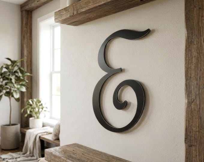 Letter E metal wall art, satin black steel monogram