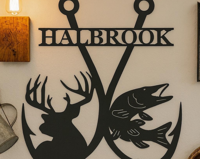 Double fishing hook deer muskie with custom name cut form 14 gauge steel