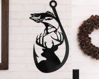 Fishing hook metal sign with deer, walleye cut from 14 gauge steel