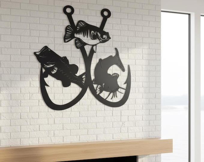 Double Fishing Hook Metal Wall Art, 14 Gauge Steel Bass Catfish and Crappie