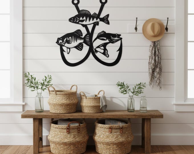 Crappie and Walleye Steel Wall Art | Rustic Double Fishing Hook Decor for Lake House,
