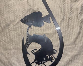 Fishing hook metal sign with catfish crappie