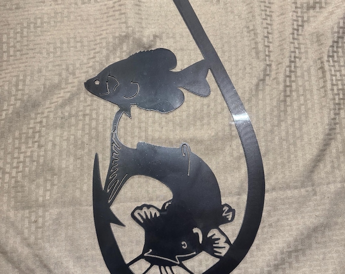 Fishing hook metal sign with catfish crappie