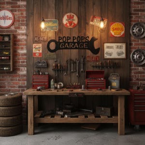 Pop Pops Garage Wrench Sign | Vintage Metal Steel Wall Art for Workshop Decor