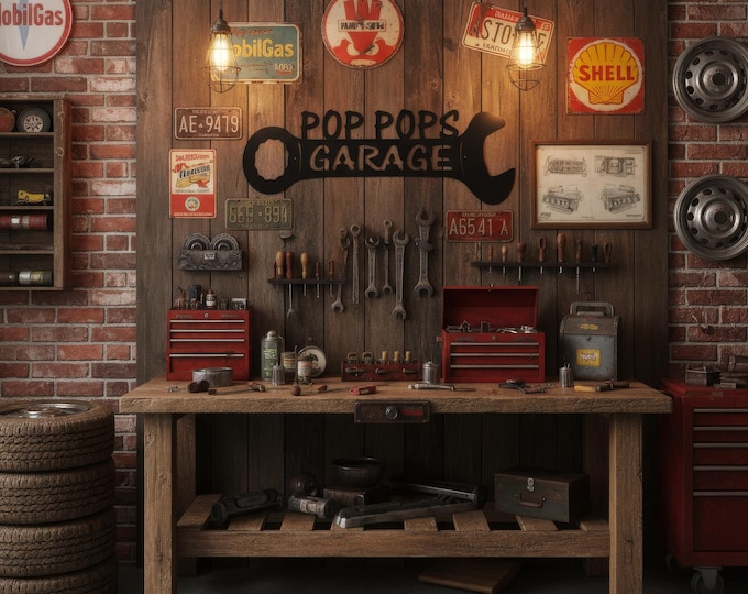 Pop Pops Garage Wrench Sign | Vintage Metal Steel Wall Art for Workshop Decor