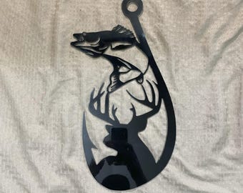 Fishing hook metal sign with deer, walleye cut from 14 gauge steel