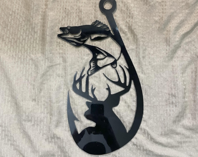 Fishing hook metal sign with deer, walleye cut from 14 gauge steel