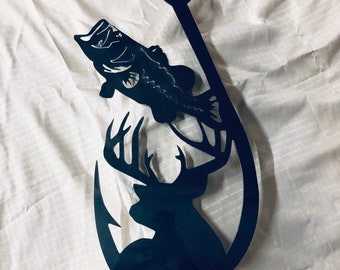 Fishing hook metal sign with deer, bass