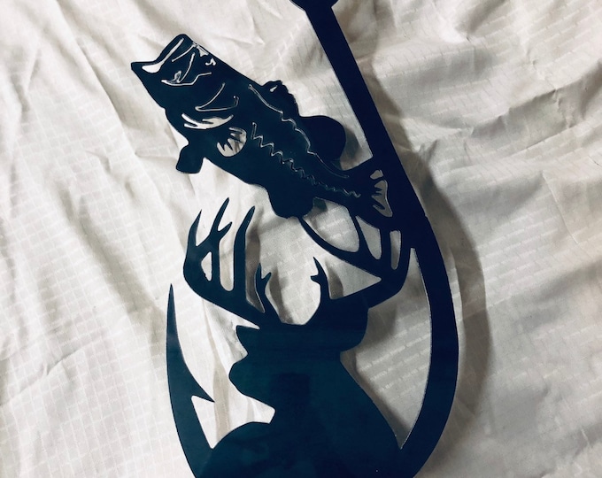 Fishing hook metal sign with deer, bass