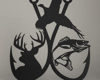 Rustic Steel Fishing Hook Wall Decor: Deer, Walleye, Pheasant