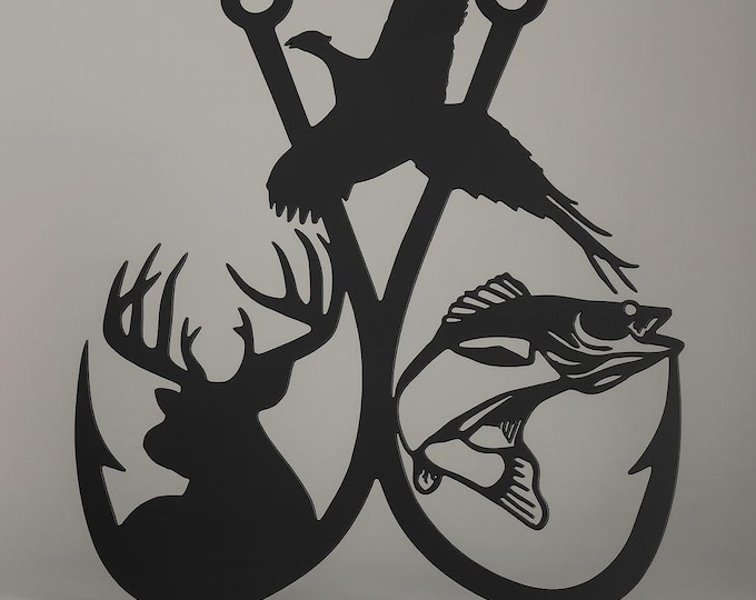 Rustic Steel Fishing Hook Wall Decor: Deer, Walleye, Pheasant