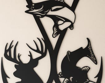 Rustic Metal Fishing Hook Sign: Deer, Catfish, Walleye