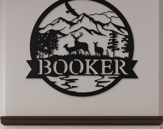 Outdoor scene with last name metal sign. Cut from 14 gauge steel