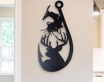 Fishing hook metal sign with deer, catfish