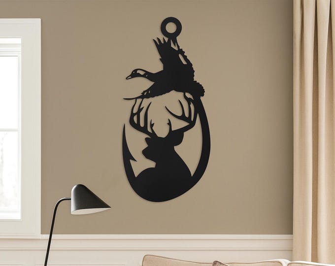 Rustic Metal Fishing Hook Sign: Deer & Duck Wall Art