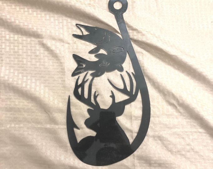 Fishing hook metal sign with deer, musky metal sign