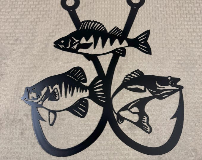 Double fishing hook with perch walleye and crappie. Cut from 14 gauge steel