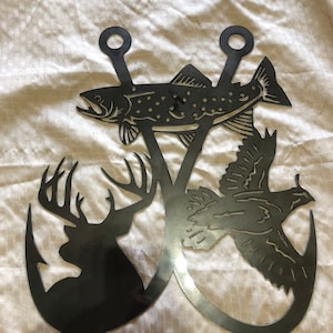 Industrial Rustic double fishing hook with deer trout and quail. Cut from 14 gauge steel clear coated