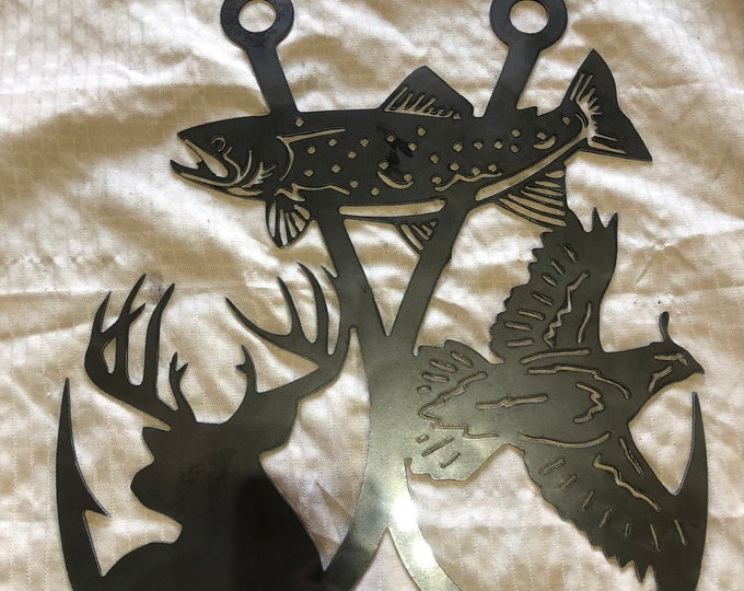 Industrial Rustic double fishing hook with deer trout and quail. Cut from 14 gauge steel clear coated