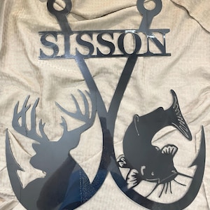 Personalized Double Fishing Hook Deer Catfish Wall Art - Rustic Steel Design