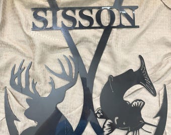 Personalized Double Fishing Hook Deer Catfish Wall Art - Rustic Steel Design