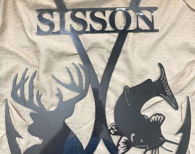 Personalized Double Fishing Hook Deer Catfish Wall Art - Rustic Steel Design