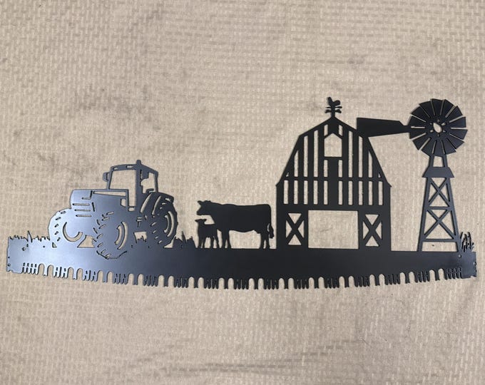 Industrial rustic cross cut saw blade with tracker cows barn and windmill . Cut from 14 gauge steel and coated!