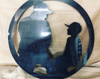 Industrial Rustic Father and son, coch and young baseball player silhouette metal sign. Cut from 14 gauge steel and clear coated