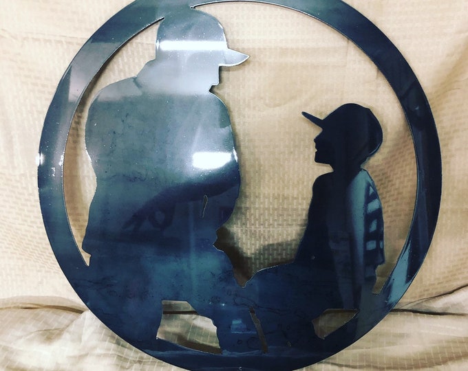 Industrial Rustic Father and son, coch and young baseball player silhouette metal sign. Cut from 14 gauge steel and clear coated