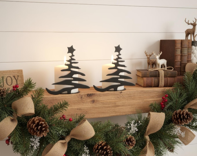 Rustic Steel Christmas Tree Candle Holder Set of 2, Metal Holiday Mantel Decor