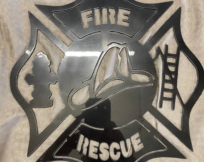 Industrial Rustic Metal Fire and Rescue Maltese cross sign cut from 14 gauge steel and clear coated