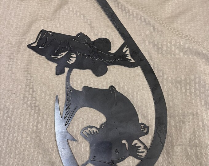 Fishing hook metal sign with catfish and bass