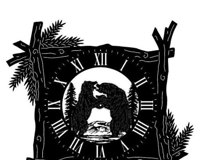 Branch frame clock with two bears fighting cad cut file