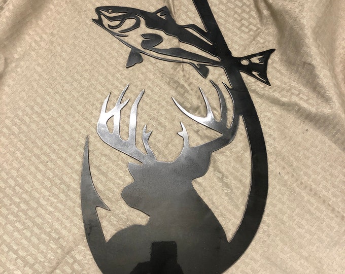 Industrial Rustic Fishing hook metal sign with deer, redfish metal sign