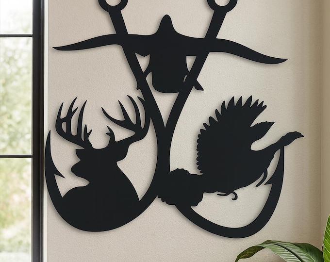 Rustic Steel Fishing Hook Wall Decor: Deer, Turkey, Duck